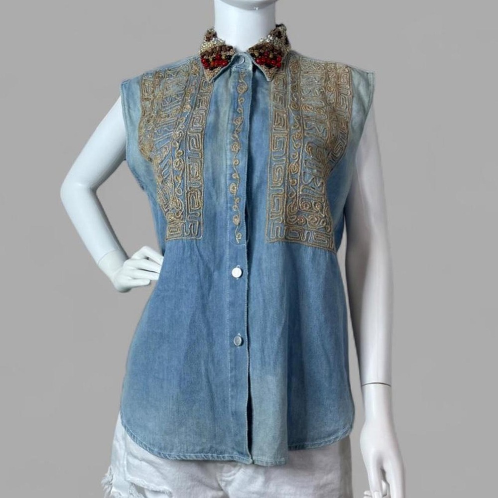 Joujou Vintage Beaded Collar Denim Sleeveless Shirt Gold Embroidered Medium